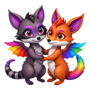 black female raccoon dragon hybrid with rainbow colored wings and purple eyes giving a big hug to a red female fox dragon hybrid with rainbow colored wings and orange eyes sticker