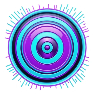 Futuristic glowing bullseye target emoji, neon purple and cyan holographic glow, dark background, digital tech style, abstract sparkles, no face. sticker