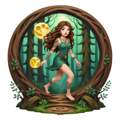 forest mystic woman long wavy brown hair tattoos stepping through small moon portal sticker