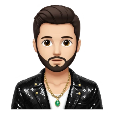 Frankie Zulferino, Pop Singer (b.1990) with dark brown hair and short beard, black sequin jacket, shirtless with necklace sticker