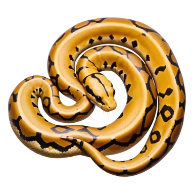 A photo-realistic top-down view of a Ball Python gently coiled into a tight spiral, with its head resting peacefully at the center. Its scales are warm brown with bold, irregular black markings, including the distinctive “alien-head” pattern, flowing smoothly along its body.  sticker