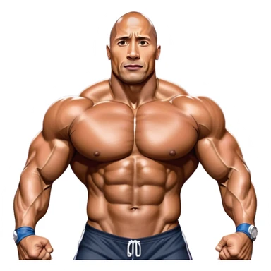 Dwayne 'The Rock' Johnson on stage at the Mr. Universe bodybuilding competition, covered in oil, flexing his powerful muscles. His physique shines under bright stage lights, showcasing his strength and dedication. The audience and judges are blurred in the background. Transparent background. sticker