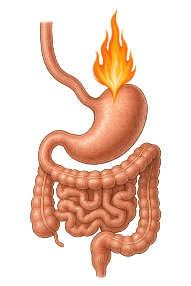 intestino e stomaco sono collegati, con una fiamma che brucia sopra, isolate su sfondo bianco sticker