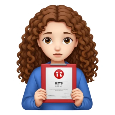 Sad girl with long curly brown hair shows her IELTS certificate with a low score in disappointment sticker