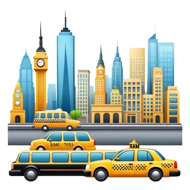 Icon for Urban Tourism: a skyline with iconic city landmarks, like skyscrapers, a subway and a taxi, with travel accessories like a camera and map. The icon should represent the excitement of exploring urban environments. Transparent background. sticker