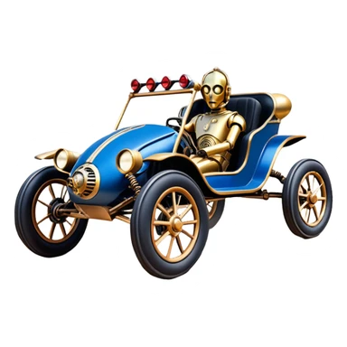  tarnished blue neon underglow C-3PO ghost buster 1964 delicately ornate rosegold wood accents Model-T off road buggy buckboard powered by electric motors and batteries with racing safety belts while flying rapidly roughening terrain stable on strong agile advanced suspension and steering sticker