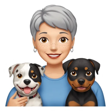 Pit bull Rottweiler mix with white muzzle and spots on muzzle next to older woman with really short grey hair sticker