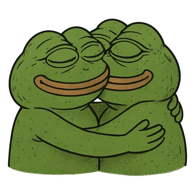 Two girls in a warm hug, bufo frog meme style, green frogs sticker