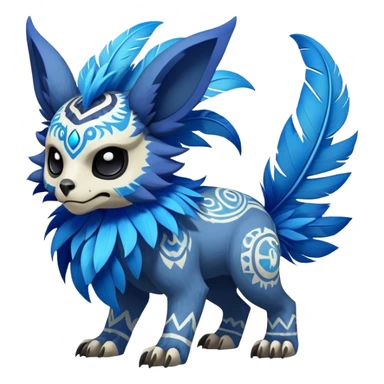 Furry cute colorful exotic tribal feral anime-styled Fakémon-Pokémon-animal-creature with a skull mask, and blue feathers around neck, and blue feathers, with long furry ears, long furry tail, 4 legs, (full body), with intricate pattern-markings  sticker