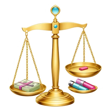 gold scale with dollars on one side and beauty products like lipstick, perfume, makeup on the other sticker