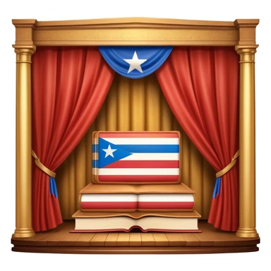 Timeless book with Puerto Rican flag colors flowing across cover like theater curtains, wooden stage elements carved into leather, golden light emerging from within, representing eternal theatrical legacy sticker