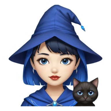 an asian short haired girl with electric blue highlighted short raven hair with bangs, with her silver left eye and dark brown right eye, with black cat eyed style eyeliner, and smirk of natural toned lipstick, with wizard hat with moon emblem on his hat. sticker