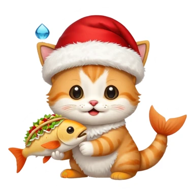 Cute Happy Kitten wearing a Santa hat and holding a Fish taco  sticker