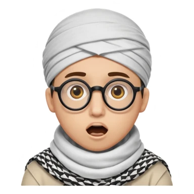 A person with light skin tone, wearing a traditional white keffiyeh with a black agal, large brown eyes, round glasses, and an open mouth showing a surprised or shocked expression. sticker