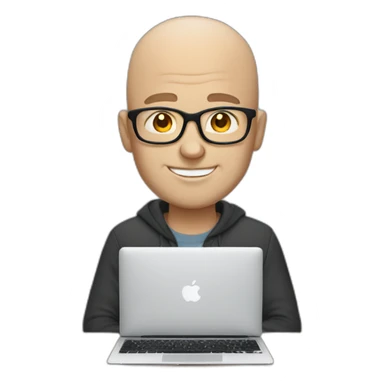 white bald man with glasses uses MacBook sticker
