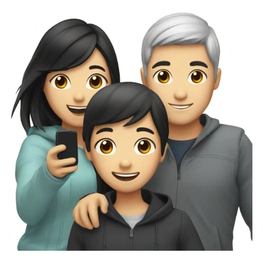 Three best friends: one Asian guy, one girl with straight black hair, and one girl with light hair. Making selfie  sticker