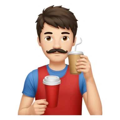 generate an ios genmoji of a fair 20 year guy with black mustache, messy mullet hairstyle, drinking takeaway coffee. wearing a sleeveless red tshirt sticker