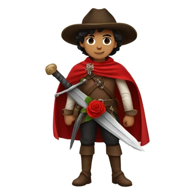 canela skin boy dark hair musketeer with hat and red rose shoulder medieval cape and sword sticker