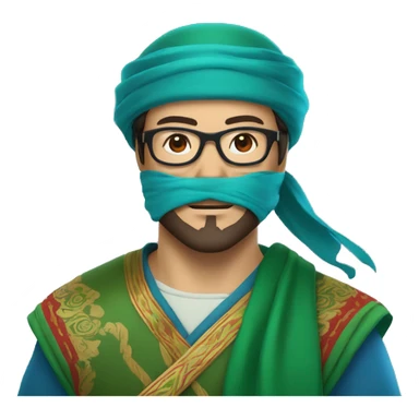 a kazakh man in a green bandana, red blue light blocking glasses, a minor beard and a visible sword carried on his back sticker