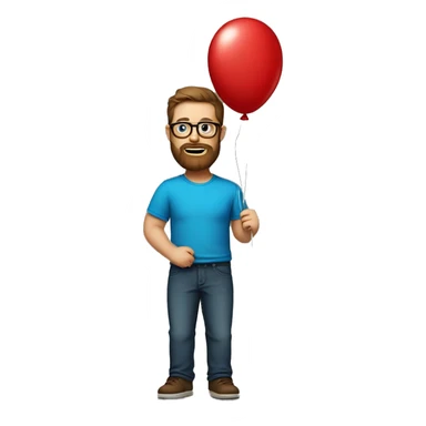 Heavy caucasian young dad, with a blue shirt, with a big brown beard and black rectangle glasses and brown hair he’s holding a red balloon animal  sticker