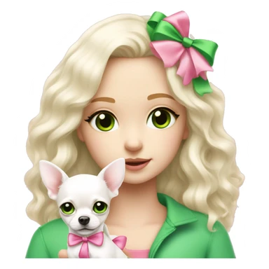 pale blond yt girl with wavy long platinum white hair with bright green eyes holding a white chihuahua puppy that wearing a pink bow sticker