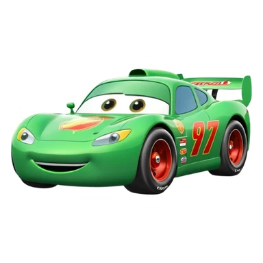 green cartoon race car with big eyes, inspired by Lightning McQueen sticker