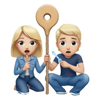 blond woman sitting on her knees with wide eyes, another man in jeans is staying (not sitting) on her left, she's holding a wide skin-colored stick with a D-shaped knob, the stick and the nob have skin texture, water squirting from the knob into her mouth, shocked face sticker