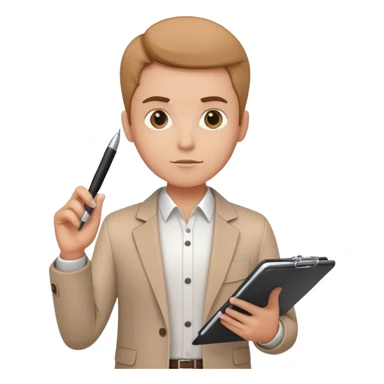 a person holding a checklist and pen, wearing smart casual clothing. The character is in a focused pose sticker
