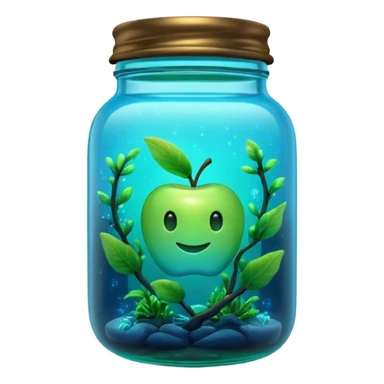 3D render of Firefly Jar, bioluminescent deep sea style, glowing neon blue and green lights, dark background to contrast the glow, translucent organic textures, Apple emoji style. sticker