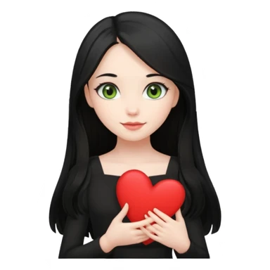 Pale girl with long black hair and olive green eyes soft smile wearing black dress and holding a heart sticker