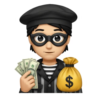 a short ios emoji-style portrait of a classic burglar, a black eye mask and a black-and-white striped shirt. emoji-like hair, black hat, a bag of money 💰 with a dollar sign in a right corner, evil expression  sticker