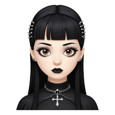 Faça uma moça de cabelo preto e micro micro franja pálida e com maquiagem gótica pesada olhos castanhos escuro  sticker
