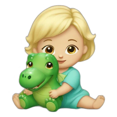 A blond baby girl, 3 months old, holding a green dino teddy bear  sticker
