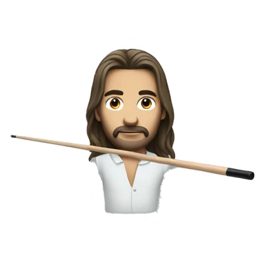 man with long hair whearing a pool cue sticker