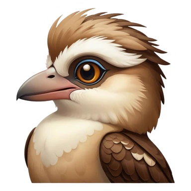 Cinematic Noble Kookaburra Portrait Emoji, Poised and regal, with a stout, robust build and a striking plumage of earthy browns and creams, a strong beak and deep-set soulful eyes, Simplified yet sharp and sophisticated features, highly detailed, glowing with a soft, dignified glow, high shine, intelligent and exuberant, stylized with an air of native woodland majesty, focused and attentive, soft glowing outline, capturing the essence of a watchful and confident bird, so majestic it feels as though it could laugh out of the screen with effortless authority! sticker