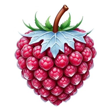 frozen raspberry single or small cluster, deep red to pink, covered in fine frosty ice crystals, matte textured surface, plump and intact, visible frozen detail, clean 3D rendering, soft lighting, subtle shadows, transparent background, emoji scale, optimized for clarity and frosty freshness sticker