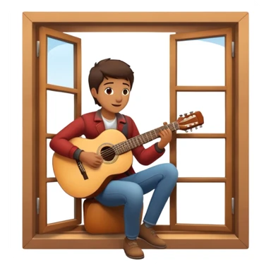 person serenading with guitar under a window sticker