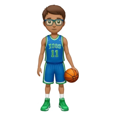 full body white male basketball player with brown hair wearing glasses in blue an green uniform sticker