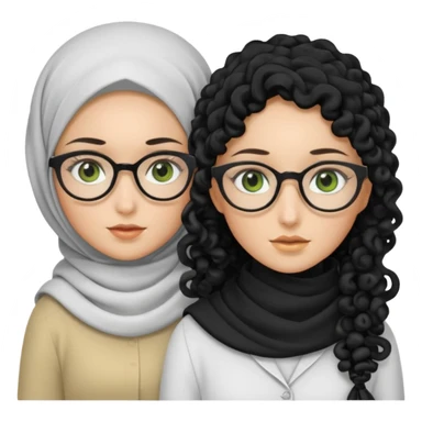 White hijabi girl with black eyes and black long hair white girl and black eyes wearing glasses and a white skin girl with curly honey hair and green eyes sticker
