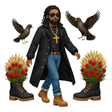 African American man with shoulder length black dreadlocks with black beard wearing black sunglasses wearing a black bubble winter coat wearing denim skinny jeans wearing wheat timberland boots walking with a dove and African American Jesus Christ behind him sticker
