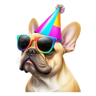 French bulldog wearing sunglasses wearing a party hat sticker
