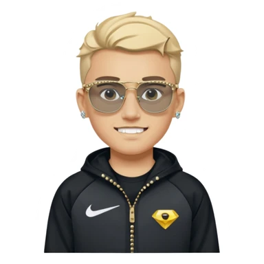 un emoji de un chico emcapuchado blanco, dientes de oro, com uma chaqueta negra nike tech y unas gafas de oakley, con pendientes de diamante, que las gafas sean estilo cuadradas, los pendientes q no se cuelguen, que sean redondos, en las dos cejas un corte, que las gafas no sean circulares sticker