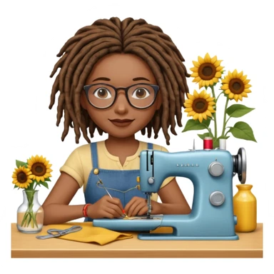 A beautiful African American girl, flawless medium skin tone, glasses, slightly rosey cheeks, natural chin length dread locks, sitting with her sewing machine, and a vase of sunflowers, slightly grinning as she sews, still life, 3D render, colorful highly detailed, 4k, no emoji icons, no emoji faces sticker