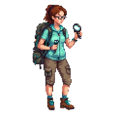 Very happy excited woman in her 40s with glasses wearing sporty outfit, hiking boots, and backpack, holding a magnifying glass sticker