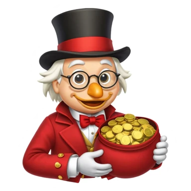 A detailed emoji of Scrooge McDuck, wearing his iconic top hat, round glasses, and red coat, holding a bag of gold coins, with a mischievous grin, in a cartoonish and vibrant style. sticker