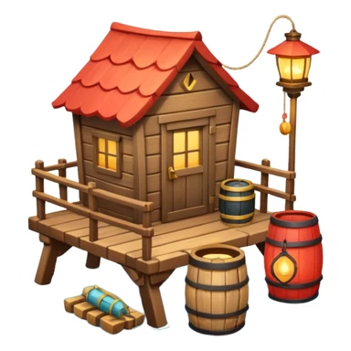 
fisherman house on a wooden pier, small dock, fishing nets hanging, barrels, lantern, ocean vibe, 3D cartoon, cute mobile game icon, clean background, no text
 sticker
