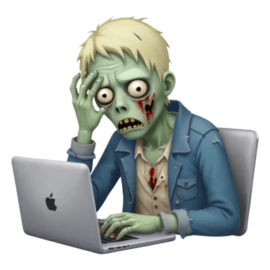 A tired sad zombie behind a laptop sticker