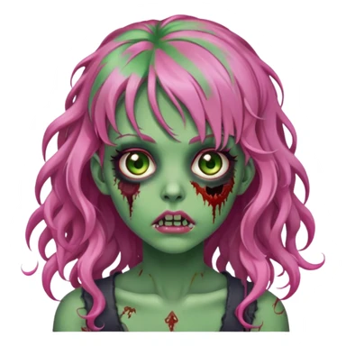 Zombie girl with green skin bangs long curl pink hair and hazel eyes  sticker