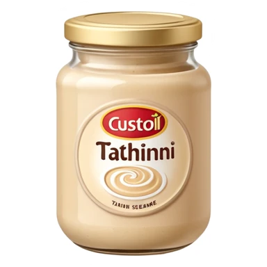 jar of tahini, glass or plastic, beige sesame paste visible, smooth and creamy, glossy surface, dense texture, neutral lid white beige metallic, blank label optional, swirl or overflow of paste, 3D clean style, transparent background sticker