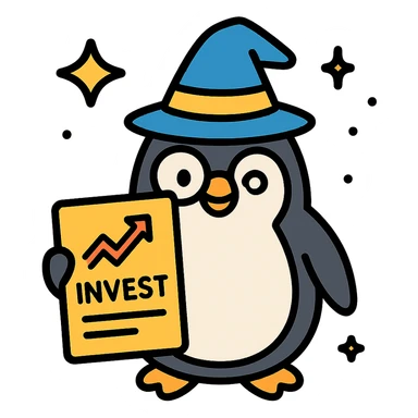 penguin wizard with monocle, holding glowing investment contract, surrounded by sparkles, color outline icon style sticker